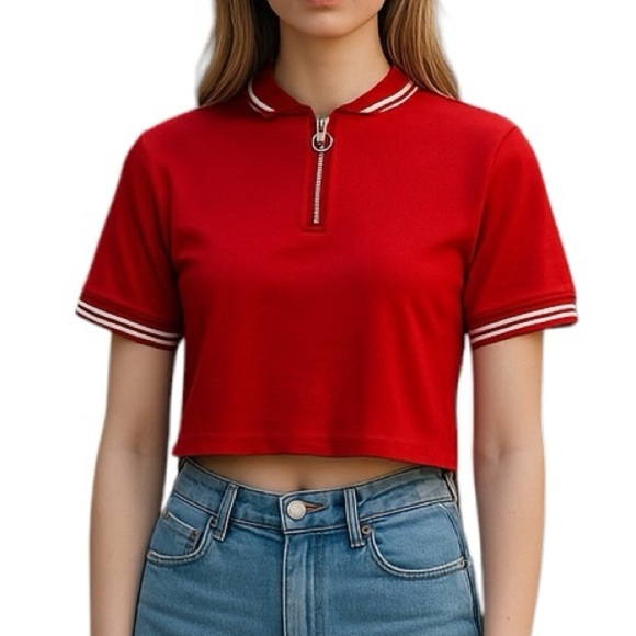 H&M Divided Small Red Cropped Shirt 100% Cotton Varsity Casual Preppy - Picture 1 of 8
